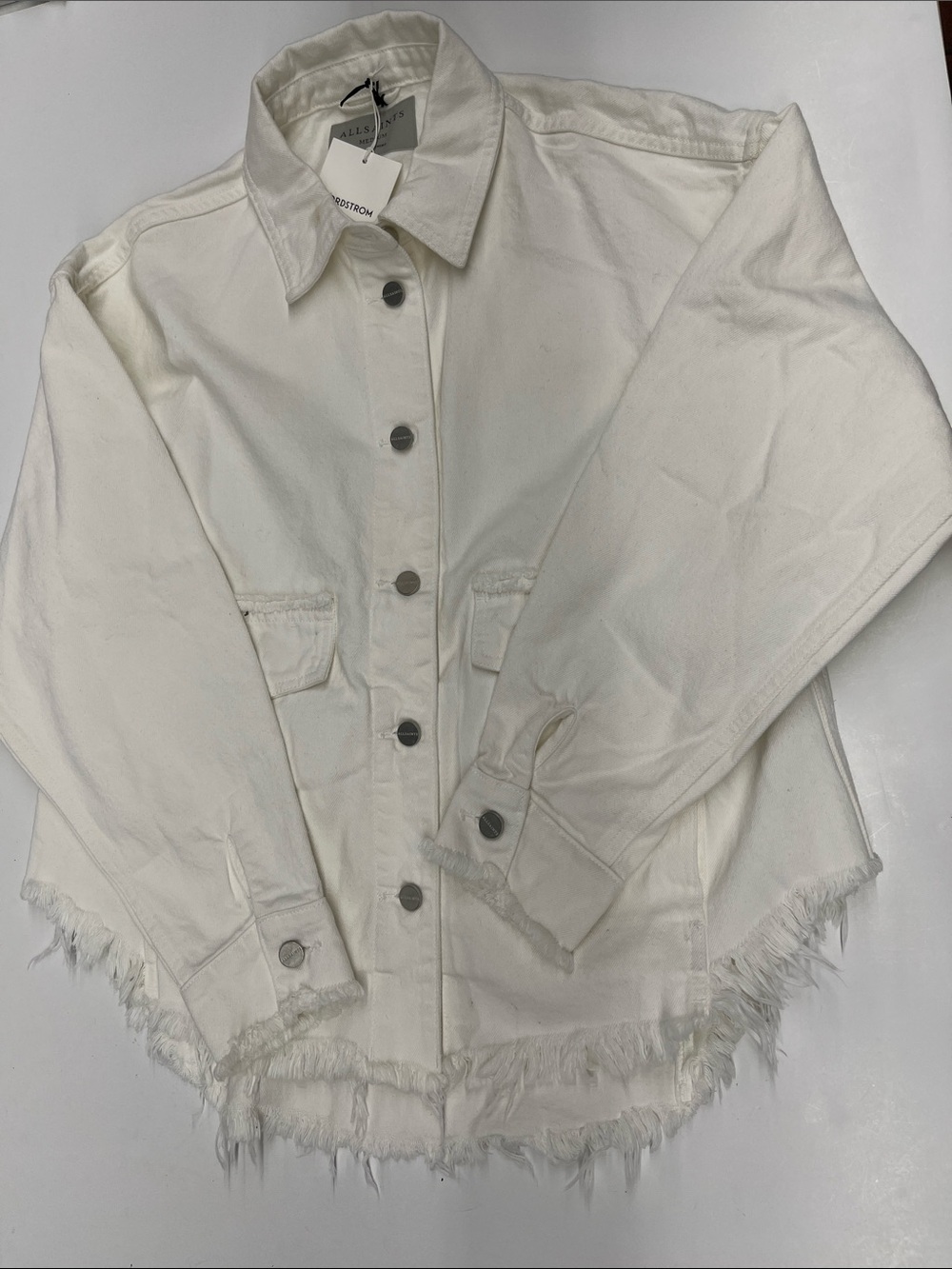 NEW All Saints Women’s Cream Frayed-Hem Denim Jacket Size Medium